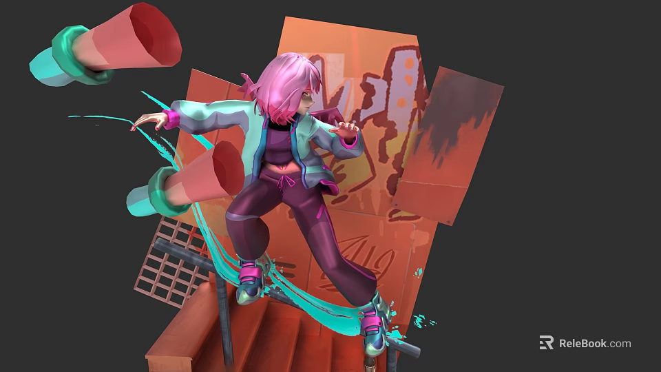 Pink Haired Woman Jumping in Stylish Jacket with Megaphones and Graffiti Steps 3d model 