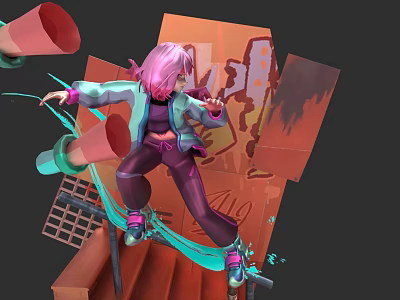 Pink Haired Woman Jumping in Stylish Jacket with Megaphones and Graffiti Steps 3d model