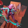 Pink Haired Woman Jumping in Stylish Jacket with Megaphones and Graffiti Steps