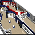 Exhibition Hall Interior Design With Red Blue Walls Display Posters White Counters And Marble Floors