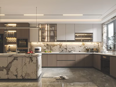 Modern Kitchen Interior Design With Marble Countertop Pendant Lights And Cabinets 3d model