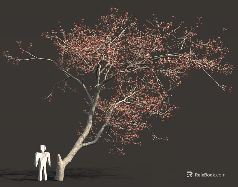 Curved Tree With Red Leaves And White Human Figure In Natural Scene 3d model 