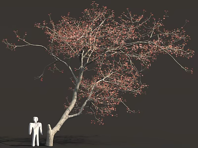 Curved Tree With Red Leaves And White Human Figure In Natural Scene 3d model