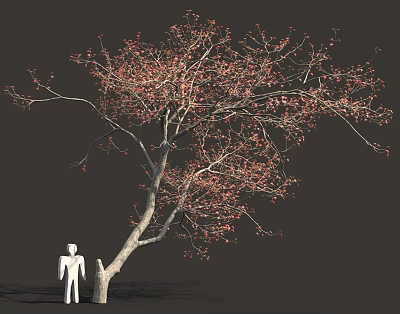 Curved Tree With Red Leaves And White Human Figure In Natural Scene 3d model