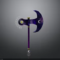Decorative Fantasy Axe With Purple Blue Blade Moon Star Design And Yellow Accents