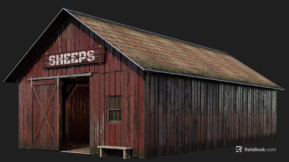 Red Wooden Barn With Sheeps Sign Sloped Roof Open Door Small Window And Wooden Bench 3d model 