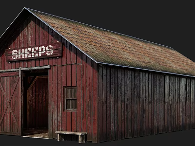 Red Wooden Barn With Sheeps Sign Sloped Roof Open Door Small Window And Wooden Bench 3d model