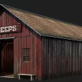 Red Wooden Barn With Sheeps Sign Sloped Roof Open Door Small Window And Wooden Bench