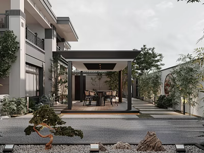 Modern Courtyard Garden Design With Covered Pavilion Green Plants Bonsai Tree And Stone Pavement 3d model