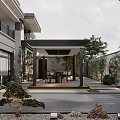 Modern Courtyard Garden Design With Covered Pavilion Green Plants Bonsai Tree And Stone Pavement