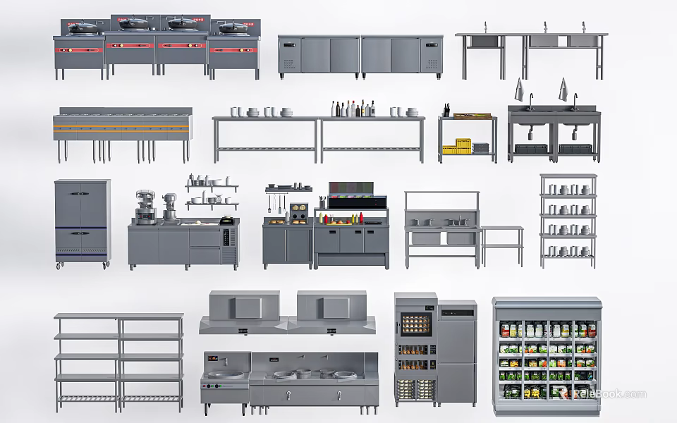 Essential Commercial Kitchen Equipment With Stoves Worktables Shelves Cabinets And Refrigerators 3d model 