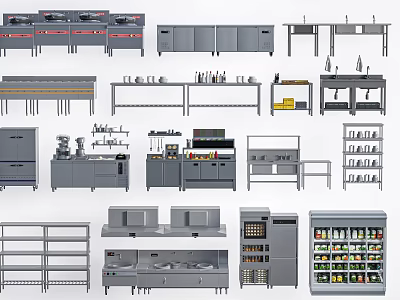 Essential Commercial Kitchen Equipment With Stoves Worktables Shelves Cabinets And Refrigerators 3d model