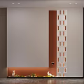 Elevator Hallway With Red White Walls Gray Floor Lighting Decorative Paintings And Plants