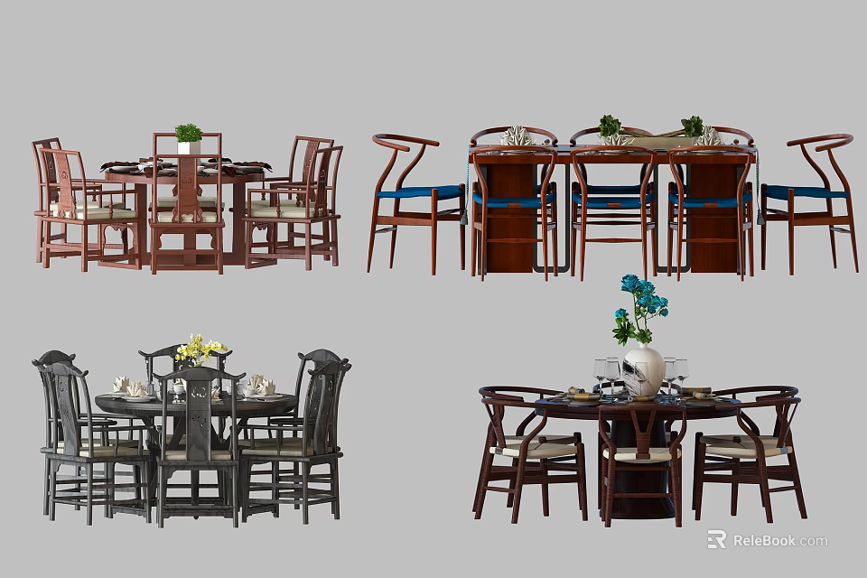 Dining Table and Chair Set with Wooden Frames Upholstered Seats and Decorative Plants 3d model 