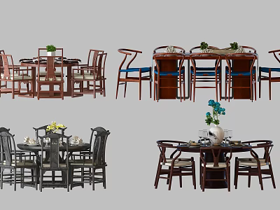 Dining Table and Chair Set with Wooden Frames Upholstered Seats and Decorative Plants 3d model
