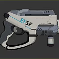 Futuristic Sci-Fi Gun Featuring EFSF Logo Modern Mechanical Details and White Blue Accents