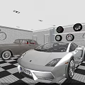 Stylish Parking Garage Interior With Sports Car Motorcycle Bicycle Tires Helmet And Checkered Floor