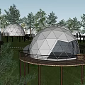 Geodesic Domes in Wooded Area with Elevated Platforms and Surrounding Trees 3d model