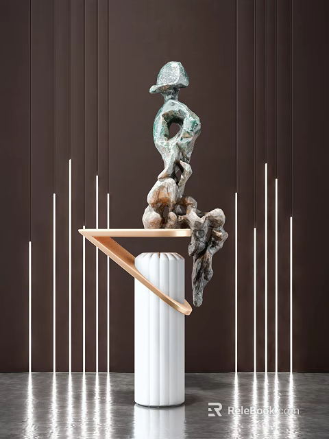 Unique Decorative Ornament Set With White Cylindrical Base Golden Triangular Shelf And Multicolored Sculpture 3d model 