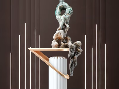 Unique Decorative Ornament Set With White Cylindrical Base Golden Triangular Shelf And Multicolored Sculpture 3d model