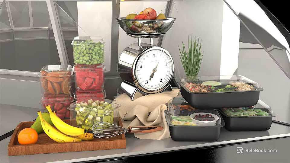 Fresh Assorted Food Items With Kitchen Scale Whisk And Wooden Cutting Board 3d model 