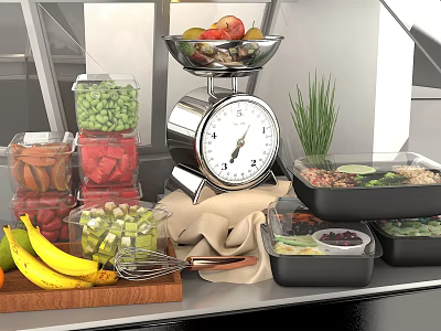 Fresh Assorted Food Items With Kitchen Scale Whisk And Wooden Cutting Board 3d model