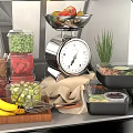 Fresh Assorted Food Items With Kitchen Scale Whisk And Wooden Cutting Board