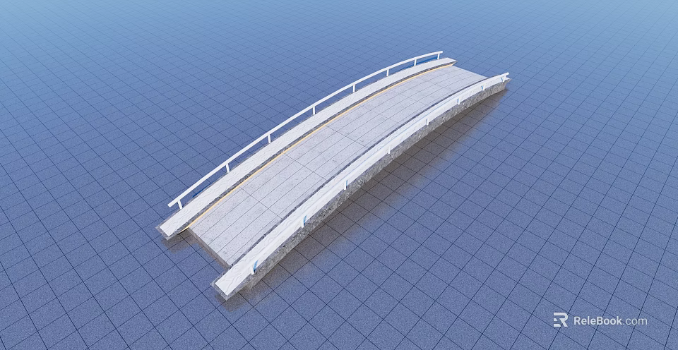 Landscape Bridge With Arched Design White Railings Gray Deck On Blue Grid Surface 3d model 