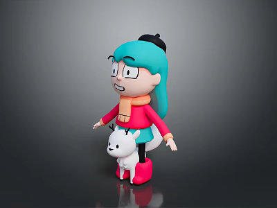Cartoon Game Character With Teal Hair Black Hat Pink Top Red Scarf And White Dog 3d model