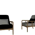 Modern Leisure Chairs With Wooden Armrests Black Leather Light Fabric And Contrasting Cushions