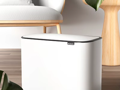 White Modern Waste Bin In Home Interior With Wooden Floor Sofa And Green Plant 3d model