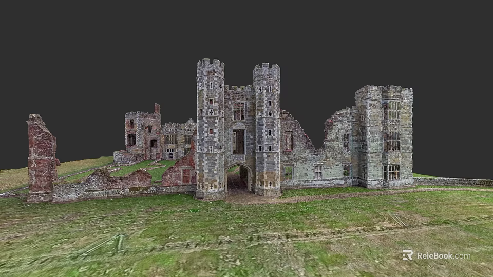 Ancient Urban Architectural Complex Ruins With Tall Towers Remaining Walls And Green Grassland 3d model 