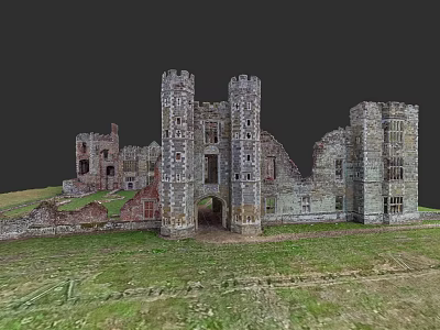 Ancient Urban Architectural Complex Ruins With Tall Towers Remaining Walls And Green Grassland 3d model