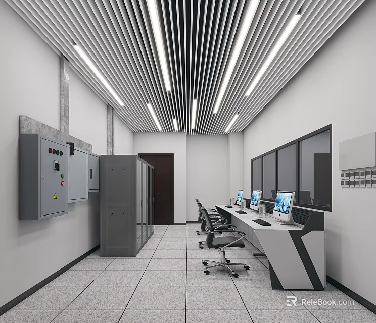 Modern Public Office Space with Workstations Computers Ergonomic Chairs and Bright Ceiling Lighting 3d model 