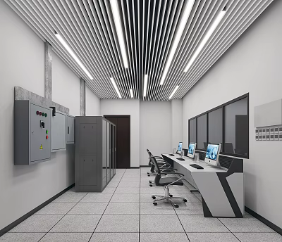 Modern Public Office Space with Workstations Computers Ergonomic Chairs and Bright Ceiling Lighting 3d model