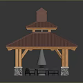 Traditional Two Tiered Pavilion With Red Tile Roof Stone Base Columns Fire Pit And Seating