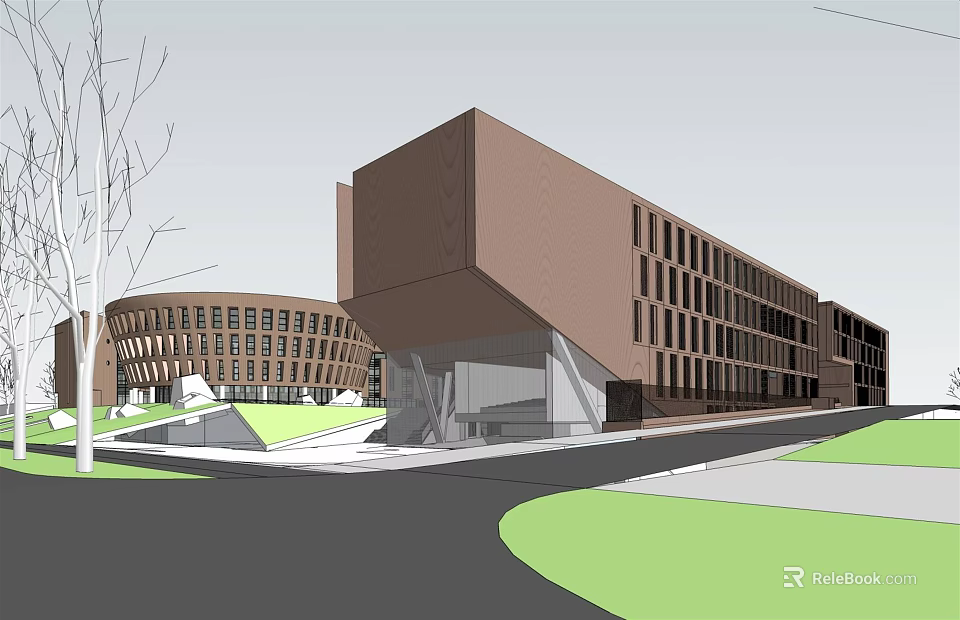 Modern Brown Office Building With Geometric Design Large Windows And Green Area 3d model 