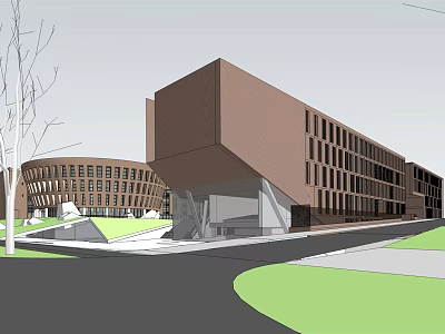 Modern Brown Office Building With Geometric Design Large Windows And Green Area 3d model