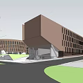Modern Brown Office Building With Geometric Design Large Windows And Green Area