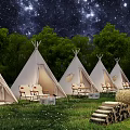 Garden Landscape With White Tipis Under Starry Sky Trees Tables Chairs Hay Bales Log Stacks