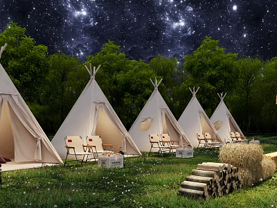 Garden Landscape With White Tipis Under Starry Sky Trees Tables Chairs Hay Bales Log Stacks 3d model
