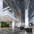 Front Desk Reception In Modern Lobby With Marble Walls High Ceiling And Sofa Seating