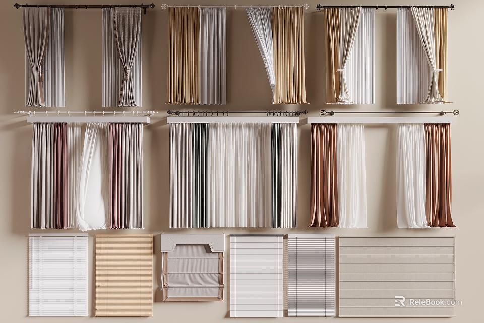 Various Stylish Curtains And Window Treatments In Different Colors And Designs 3d model 