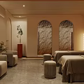 Serene SPA Sauna Interior Design With Curved Walls Ambient Lighting And Treatment Tables