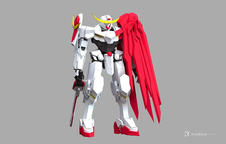 Smart Robot Mecha With White Body Red Wings And Yellow Horns Design 3d model 