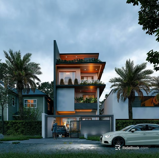 Modern Detached Villa Exterior Design with Balcony Plants and Palm Trees 3d model 