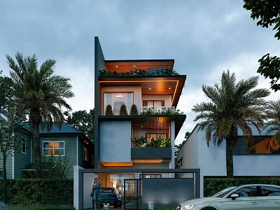 Modern Detached Villa Exterior Design with Balcony Plants and Palm Trees 3d model