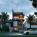 Modern Detached Villa Exterior Design with Balcony Plants and Palm Trees