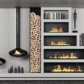 Modern Hanging And Built In Fireplace Design With Stacked Firewood Flames Decorative Shelves And Statues