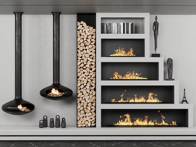 Modern Hanging And Built In Fireplace Design With Stacked Firewood Flames Decorative Shelves And Statues 3d model
